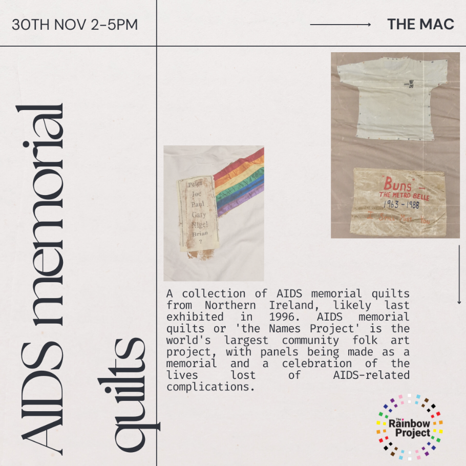 A poster from the Rainbow Project advertising the AIDS Memorial Quilts